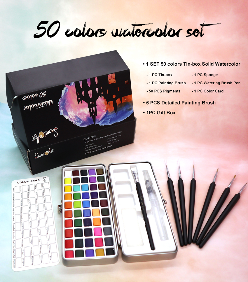 SeamiArt 50Color Solid Watercolor Paint Set Portable Metal Box Watercolor Pigment for Beginner Drawing Watercolor Paper Supplies SeamiArt 50Color Solid Watercolor Paint Set Portable Metal Box Watercolor Pigment for Beginner Drawing Watercolor Paper Supplies