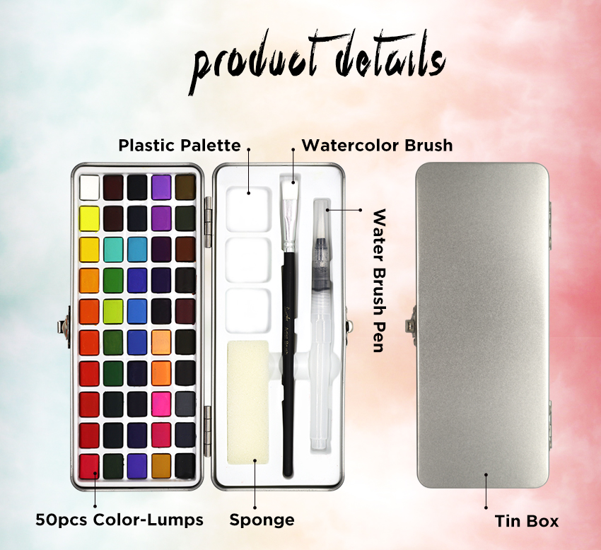 SeamiArt 50Color Solid Watercolor Paint Set Portable Metal Box Watercolor Pigment for Beginner Drawing Watercolor Paper Supplies SeamiArt 50Color Solid Watercolor Paint Set Portable Metal Box Watercolor Pigment for Beginner Drawing Watercolor Paper Supplies