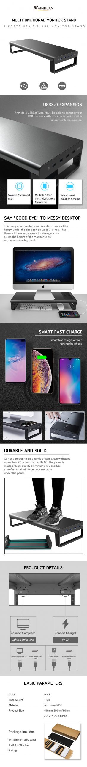 USB 3.0 Laptop Desk Stand Aluminum Monitor Stand Computer Riser Support Transfer Wireless Data Charging Office Table Organizer USB 3.0 Laptop Desk Stand Aluminum Monitor Stand Computer Riser Support Transfer Wireless Data Charging Office Table Organizer