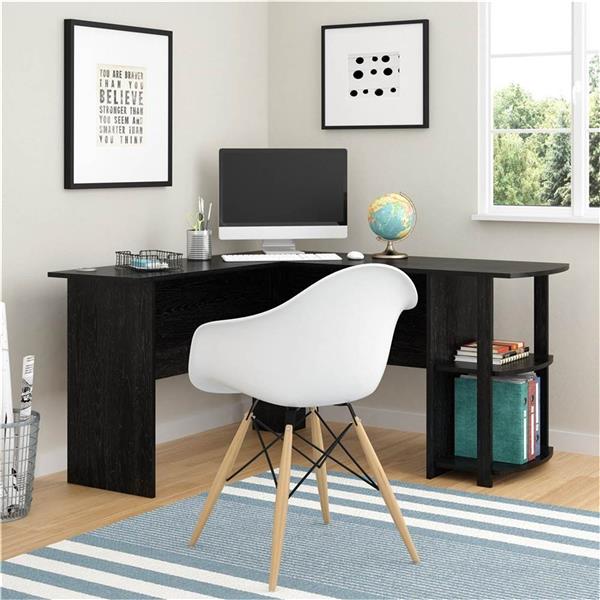 FCH L-Shaped Wood Right-angle Computer Desk with Two-layer Bookshelves Black FCH L-Shaped Wood Right-angle Computer Desk with Two-layer Bookshelves Black