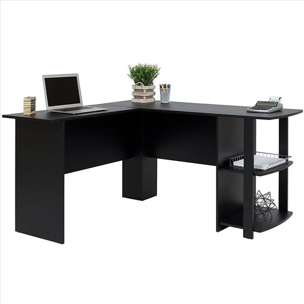 FCH L-Shaped Wood Right-angle Computer Desk with Two-layer Bookshelves Black FCH L-Shaped Wood Right-angle Computer Desk with Two-layer Bookshelves Black