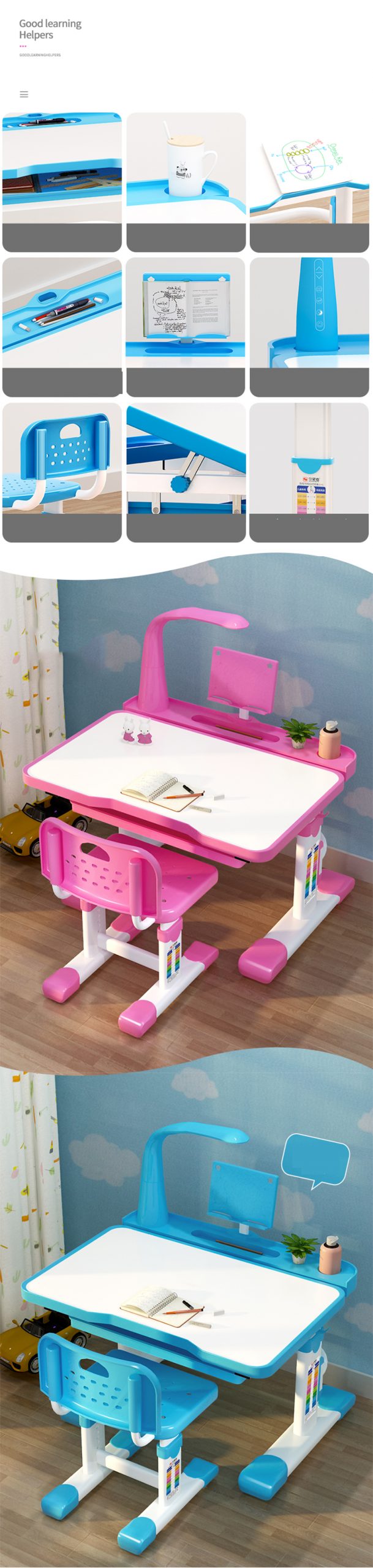 Children’s desk and chair set with Tilt Desktop, LED Light and Drawer for kids Functional kid’s study writing table desk set Children’s desk and chair set with Tilt Desktop, LED Light and Drawer for kids Functional kid’s study writing table desk set